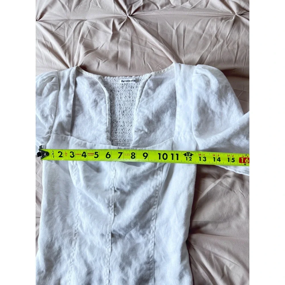Reformation White 100% Linen Coquette Top Square Neck Smocked Back Puff Sleeve 2